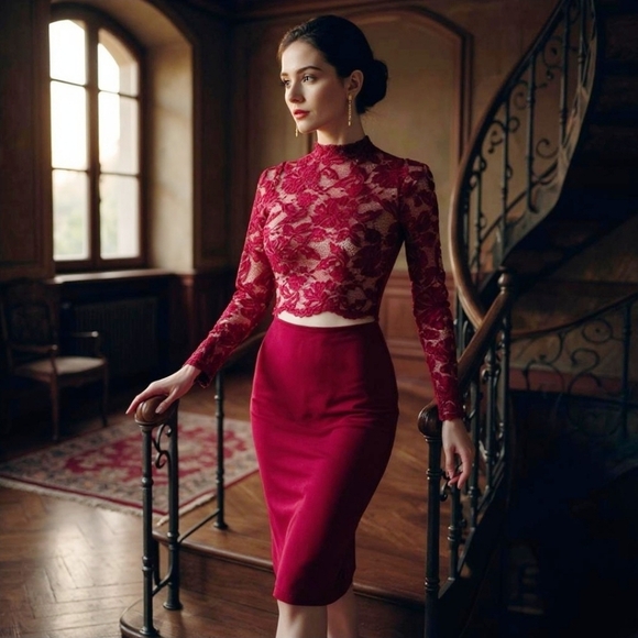 Windsor Red Party Dress – Sheer Lace Top, Cutout Waist, Bodycon – Size Small - Picture 1 of 17
